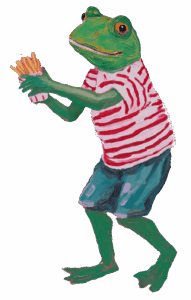 Ein gemalter Frosch mit Ringel-T-Shirt an hält eine Pommestüte in die Höhe.